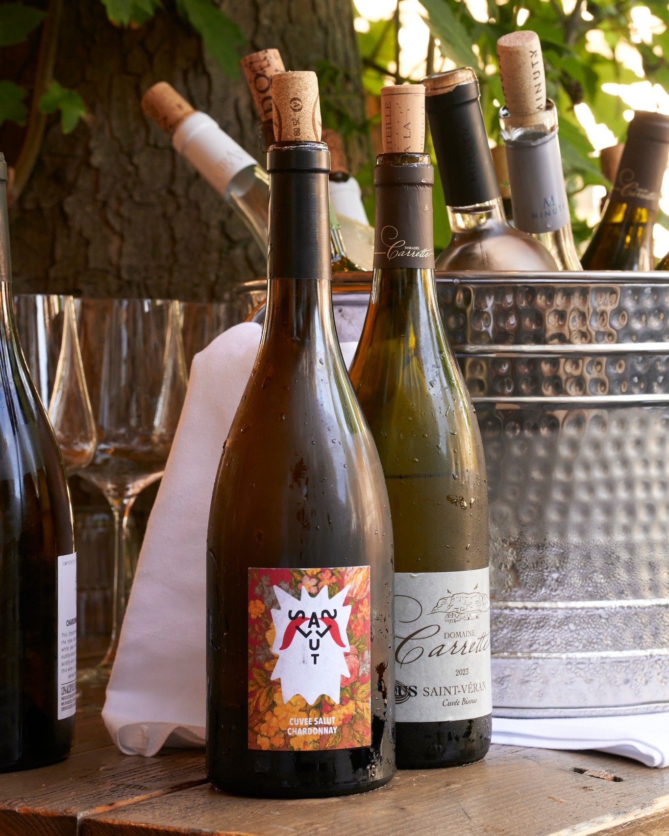 Bottle of Cuvée Salut Chardonnay in a wine cooler on the Salut terrace